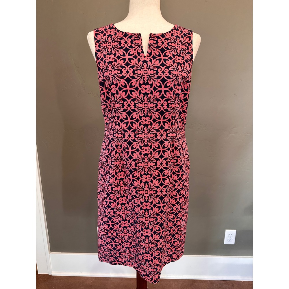 Talbots Shift Dress Women 8 Pink Navy Blue Damask Medallion Sleeveless Notched - Picture 2 of 12